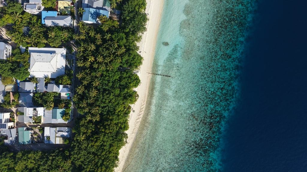 The island shoreline from above, where houses and palms give onto white sand and the dark line of the house reef.